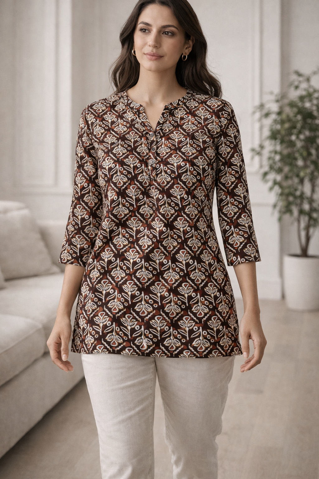 Brown Ethnic Print Women’s Kurti - 26054