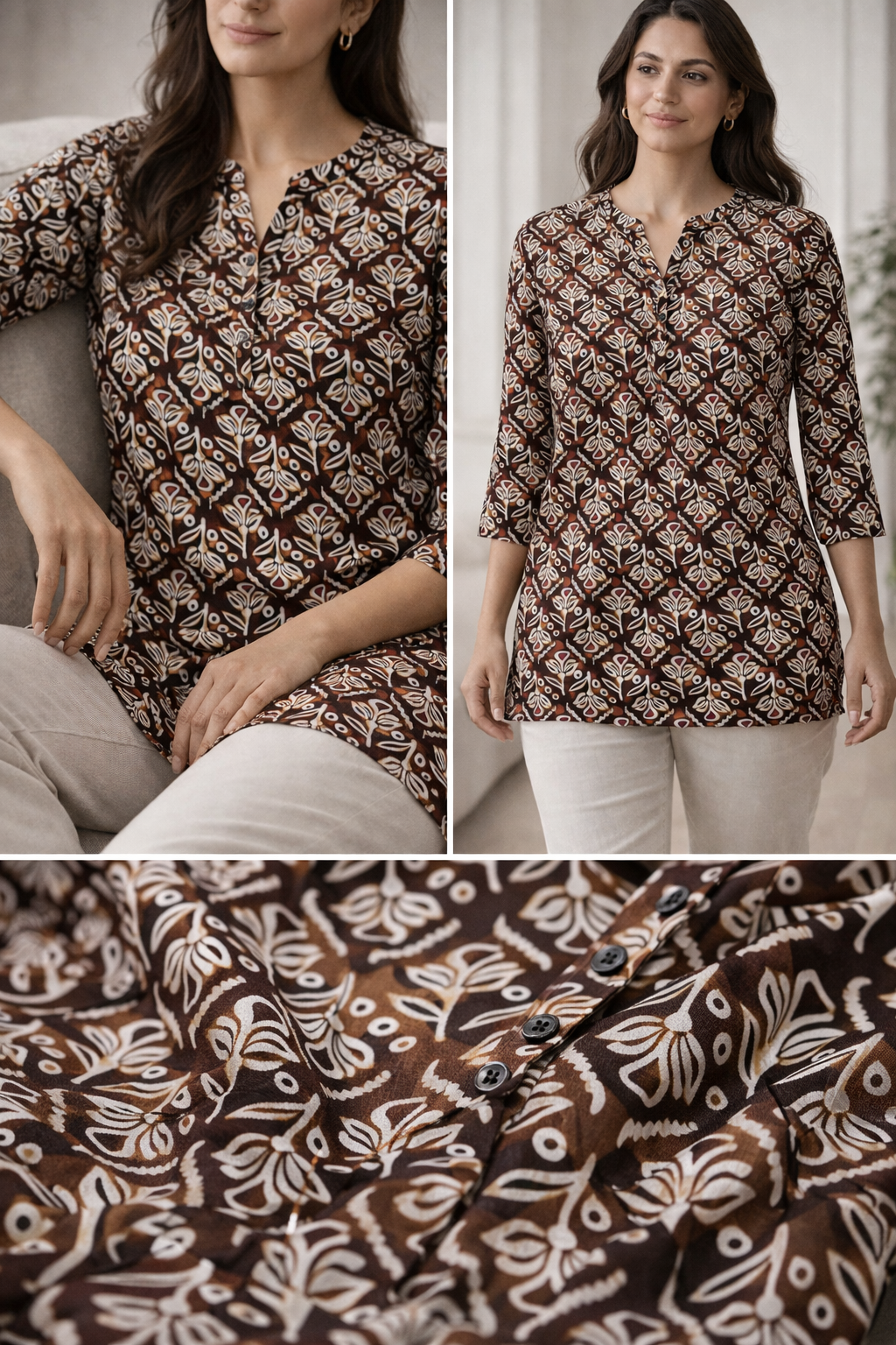 Brown Ethnic Print Women’s Kurti - 26054