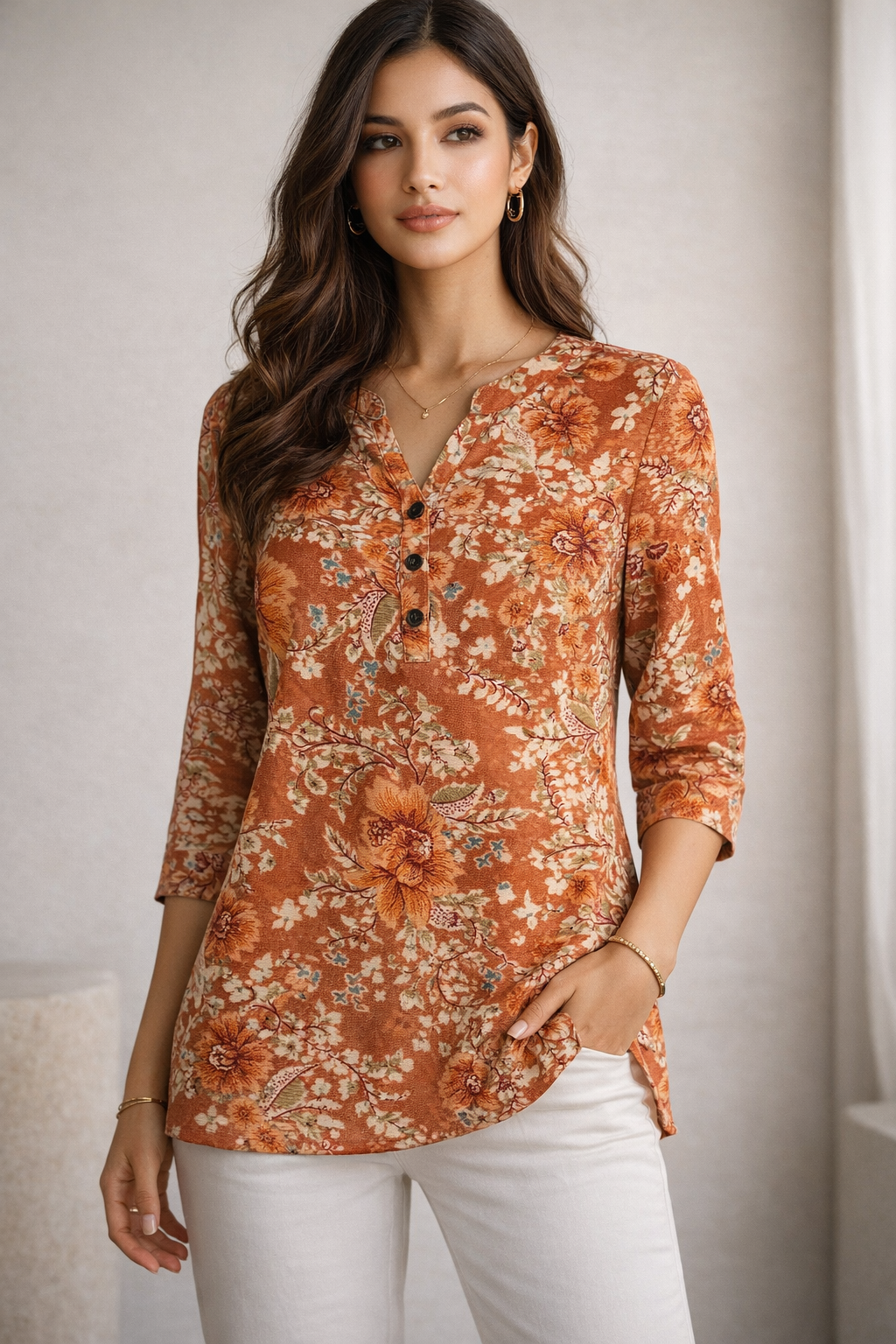 Rust Floral Printed Hip-Length Kurti  - 26183