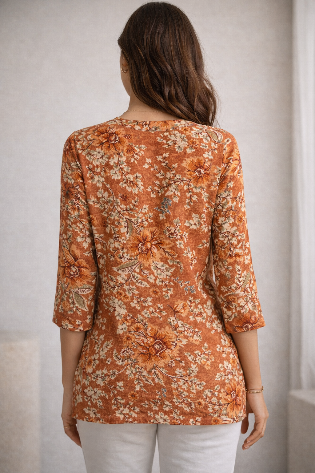 Rust Floral Printed Hip-Length Kurti  - 26183