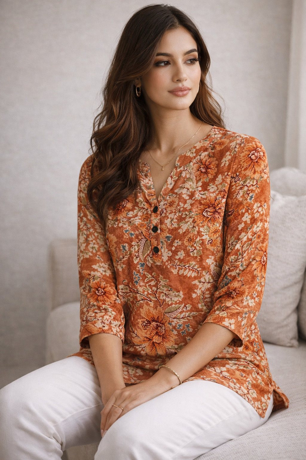 Rust Floral Printed Hip-Length Kurti  - 26183
