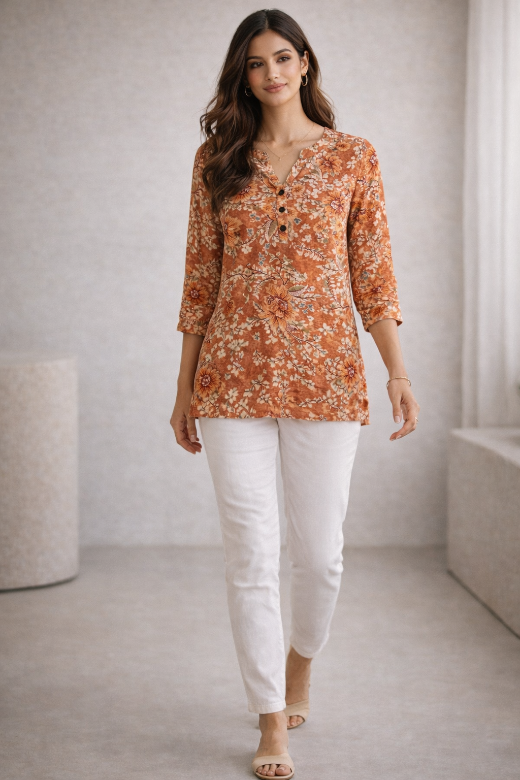 Rust Floral Printed Hip-Length Kurti  - 26183