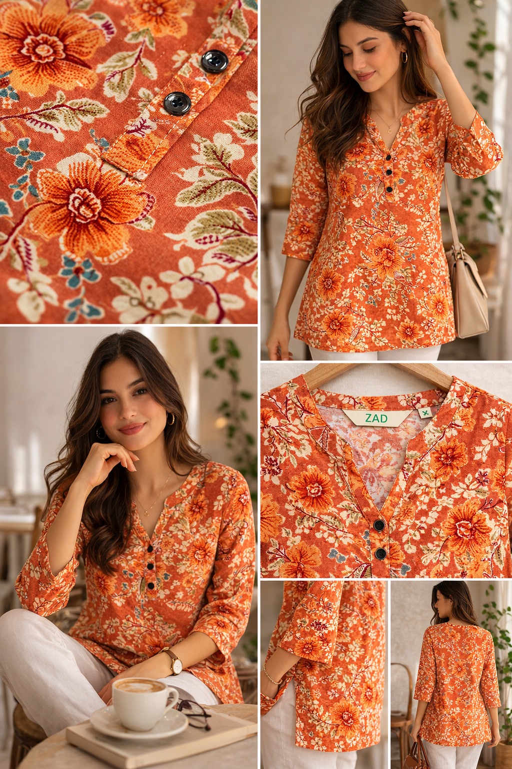 Rust Floral Printed Hip-Length Kurti  - 26183