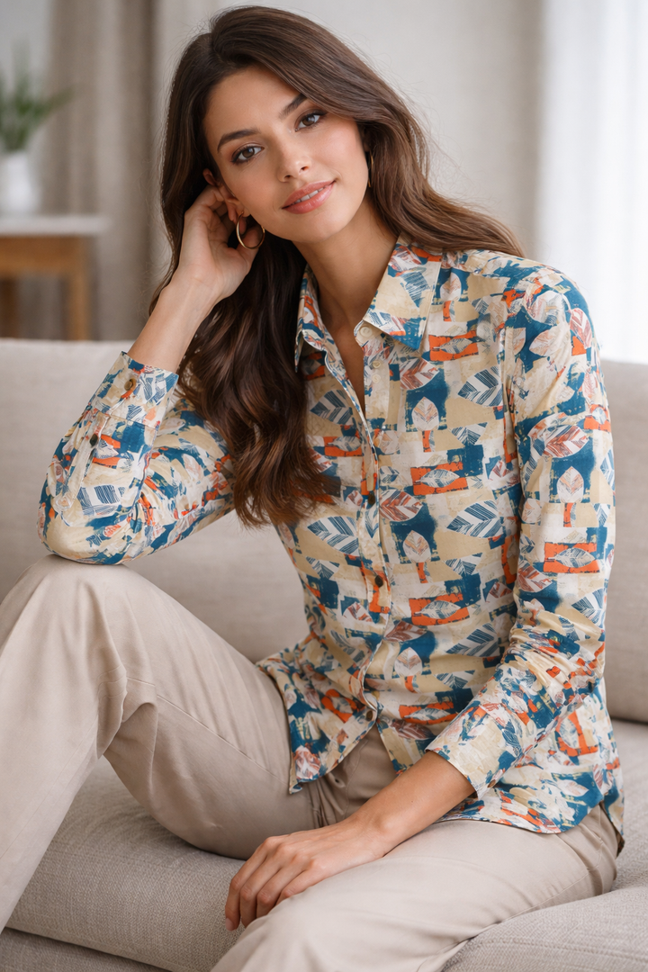 Beige Abstract Leaf Print Casual Shirt - 24415