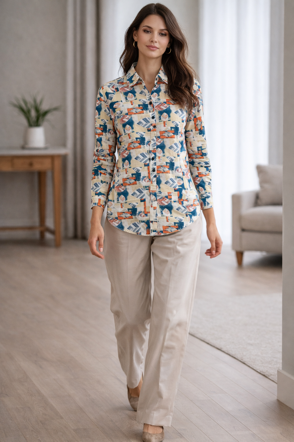 Beige Abstract Leaf Print Casual Shirt - 24415