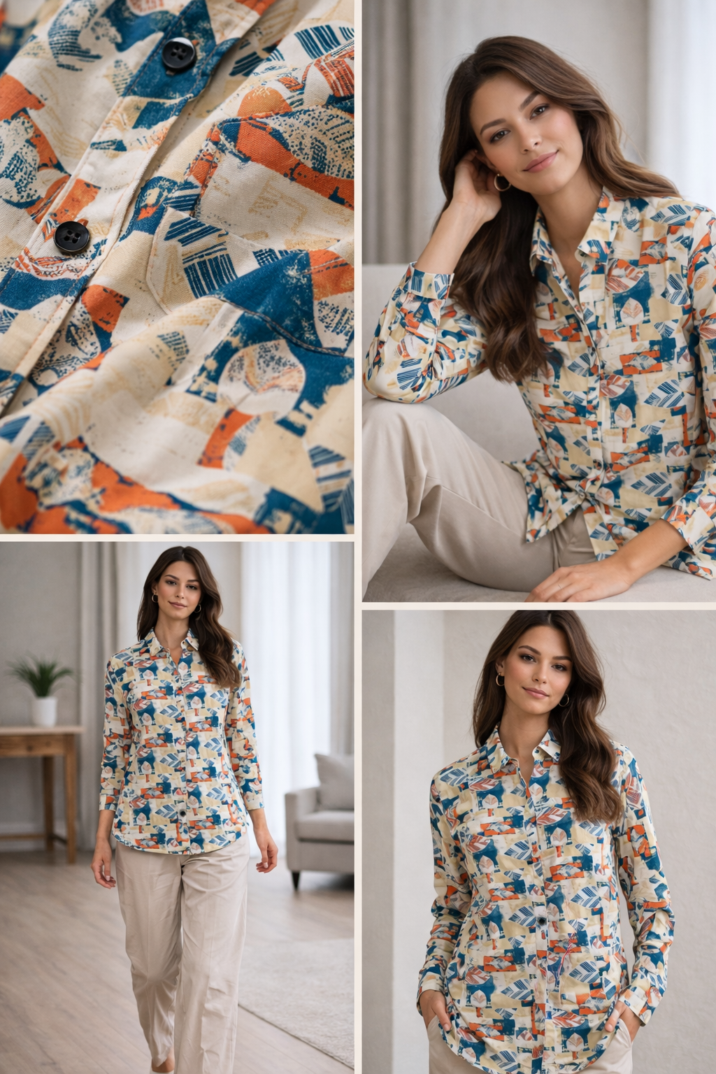 Beige Abstract Leaf Print Casual Shirt - 24415