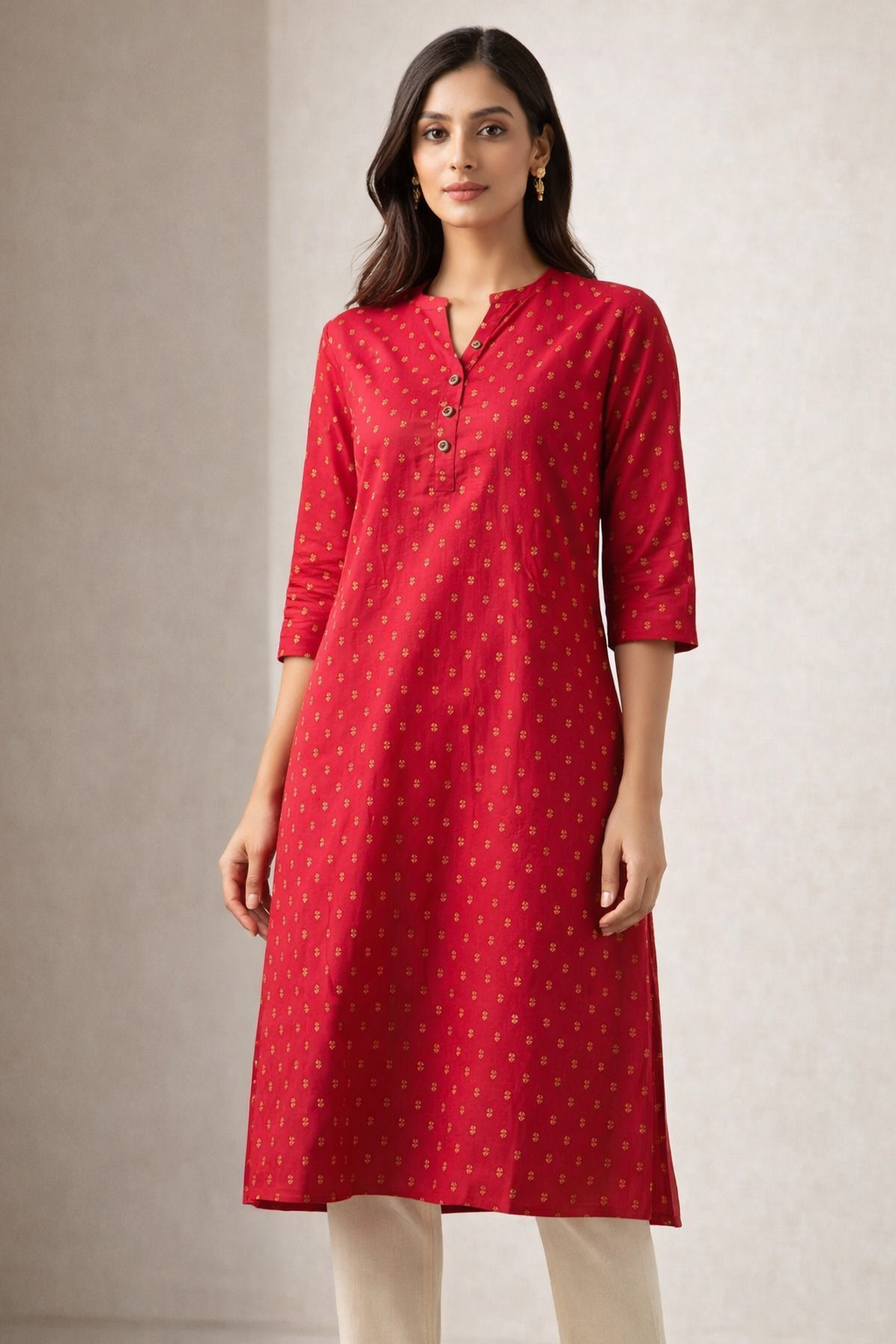 Red Ethnic Straight Kurti featuring Golden Foil Print - 25123