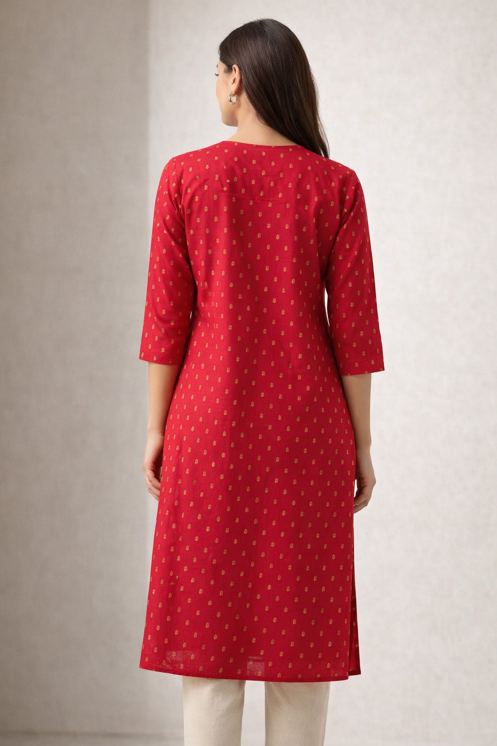 Red Ethnic Straight Kurti featuring Golden Foil Print - 25123