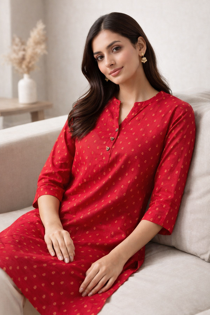 Red Ethnic Straight Kurti featuring Golden Foil Print - 25123