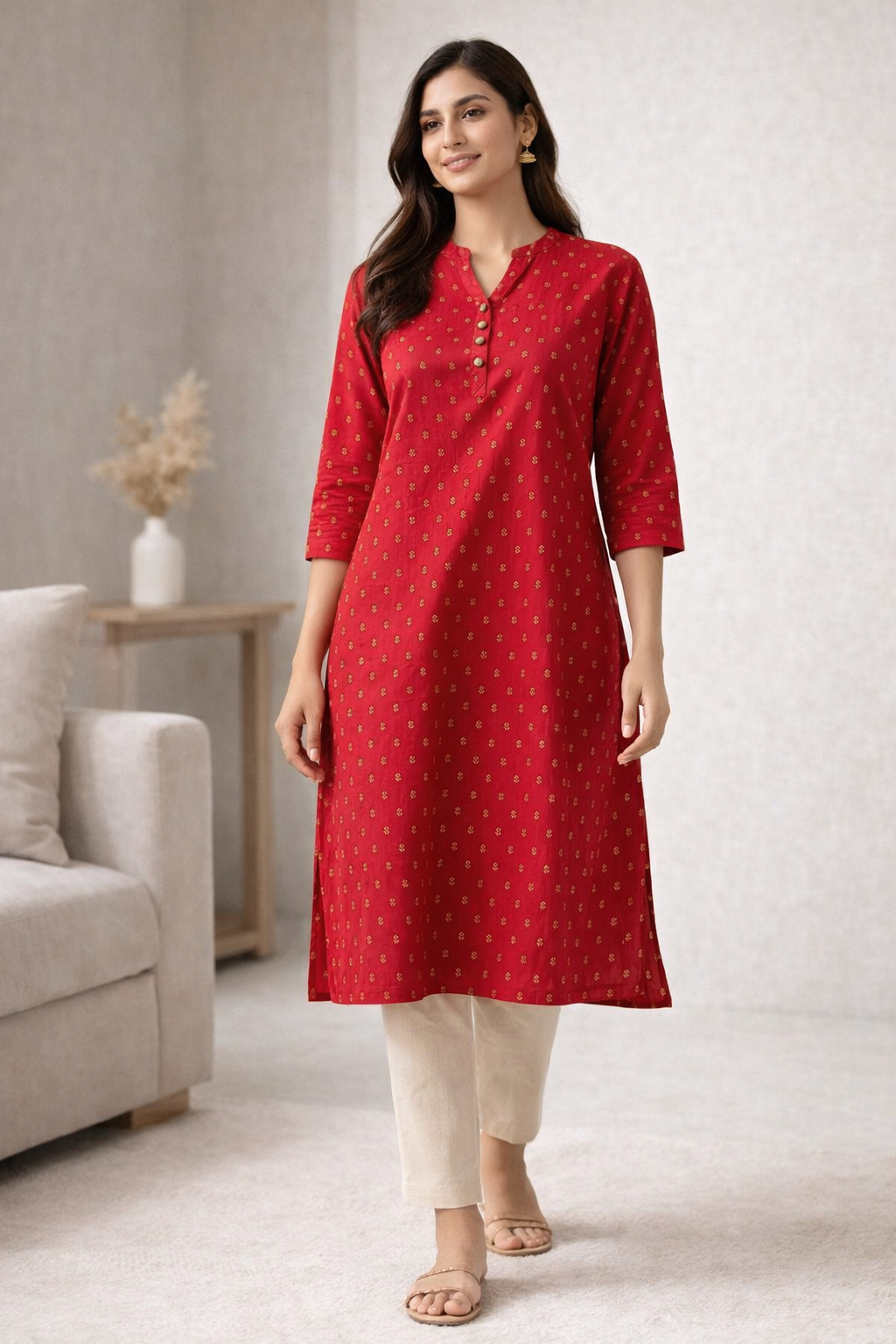 Red Ethnic Straight Kurti featuring Golden Foil Print - 25123