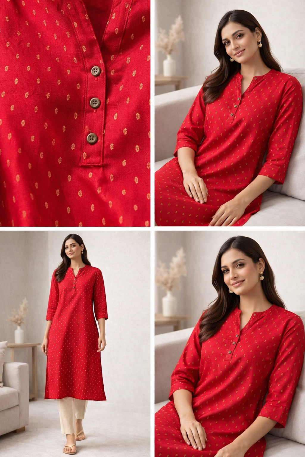 Red Ethnic Straight Kurti featuring Golden Foil Print - 25123