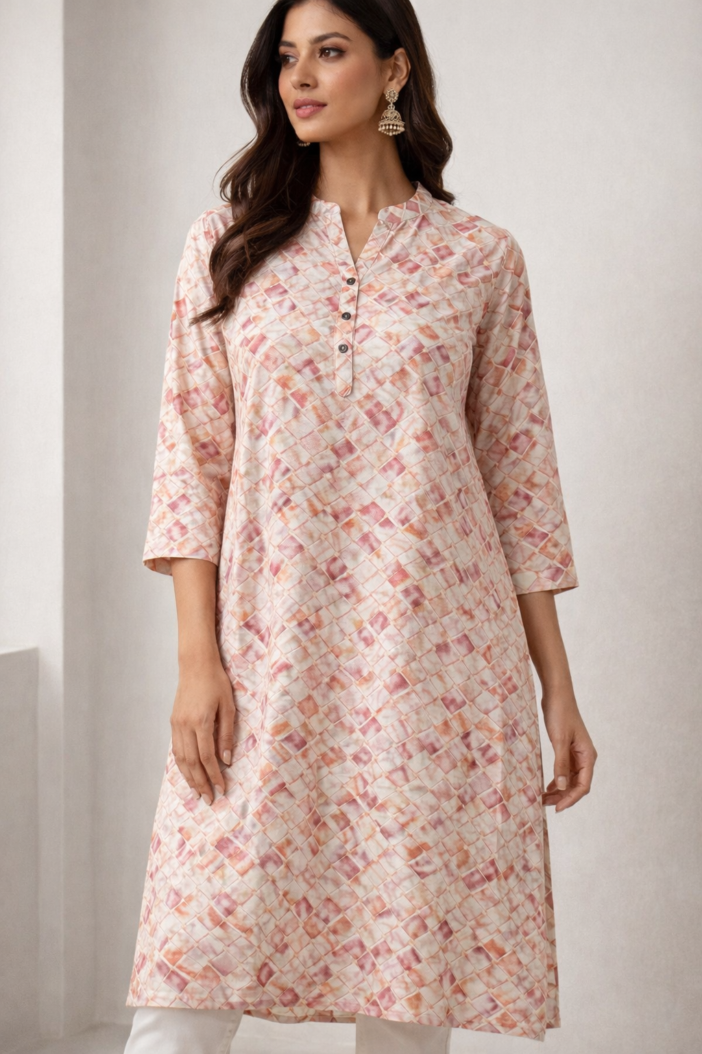 Rose & Gold Abstract Checkerboard Print Straight Kurti - 24500