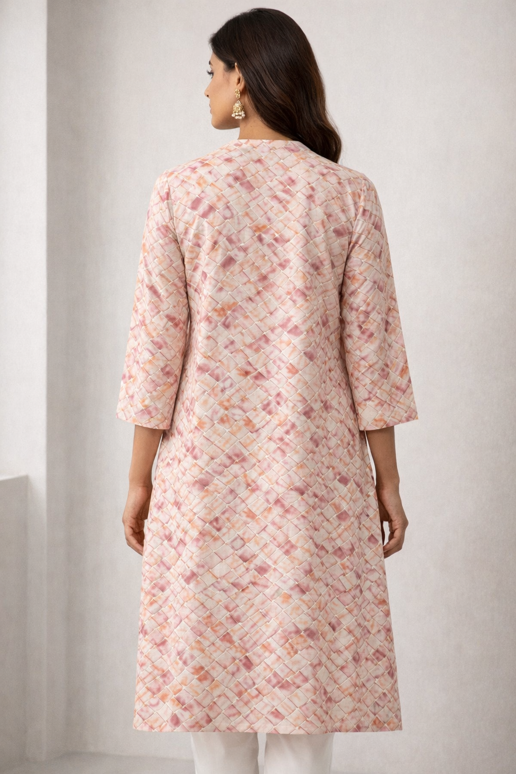 Rose & Gold Abstract Checkerboard Print Straight Kurti - 24500