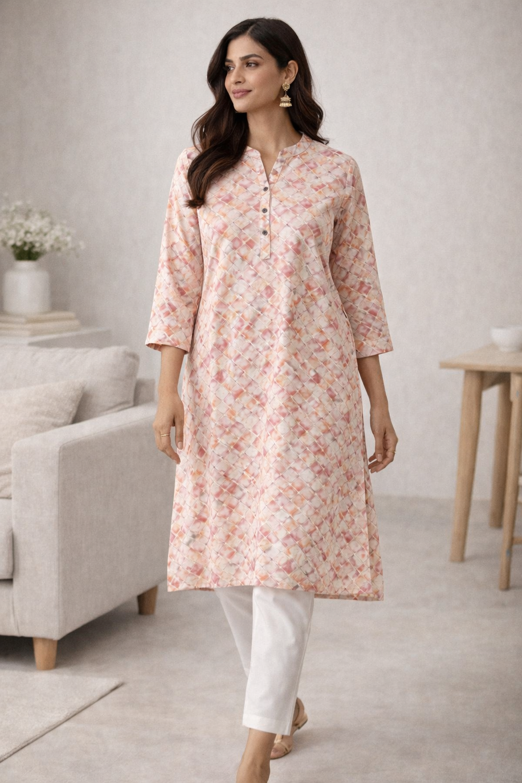 Rose & Gold Abstract Checkerboard Print Straight Kurti - 24500