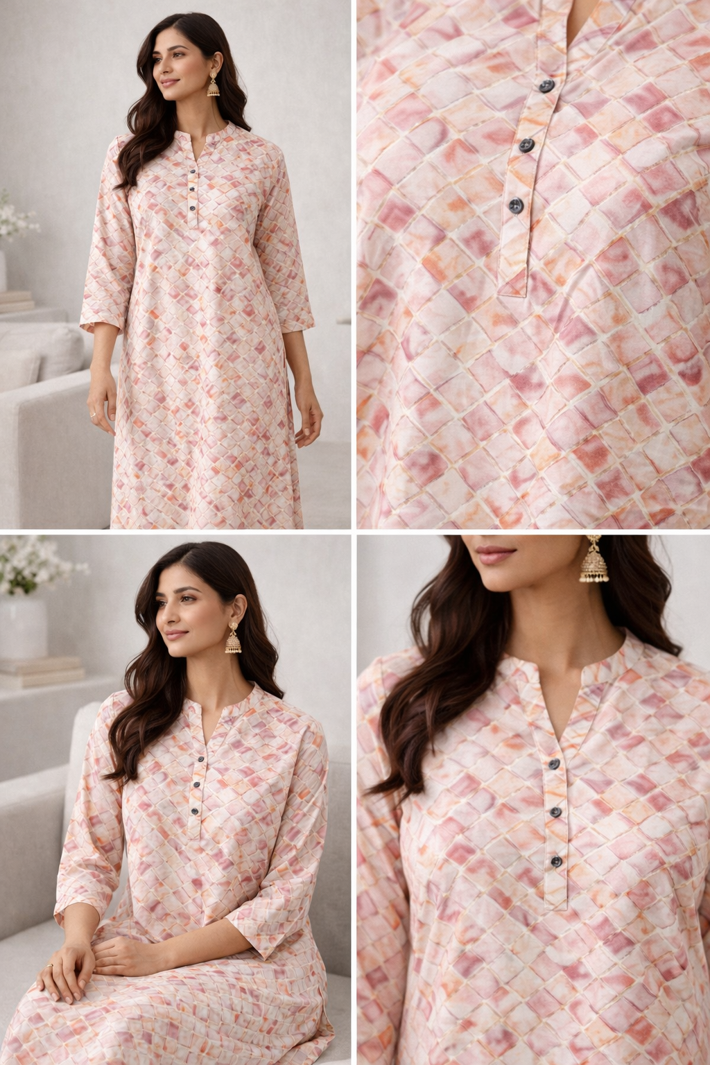 Rose & Gold Abstract Checkerboard Print Straight Kurti - 24500