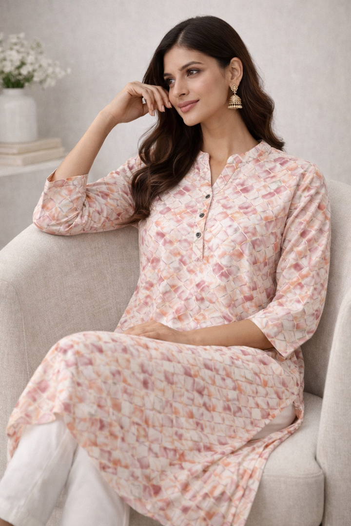 Rose & Gold Abstract Checkerboard Print Straight Kurti - 24500