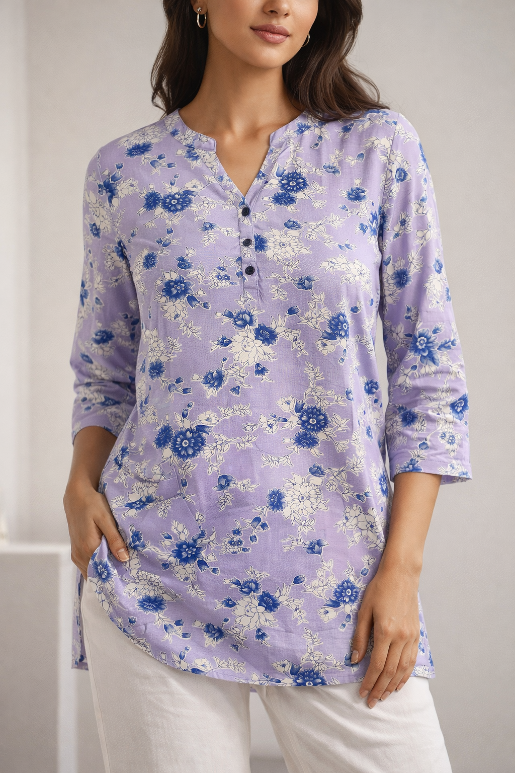 Lavender Floral Print Women’s Kurti - 26002