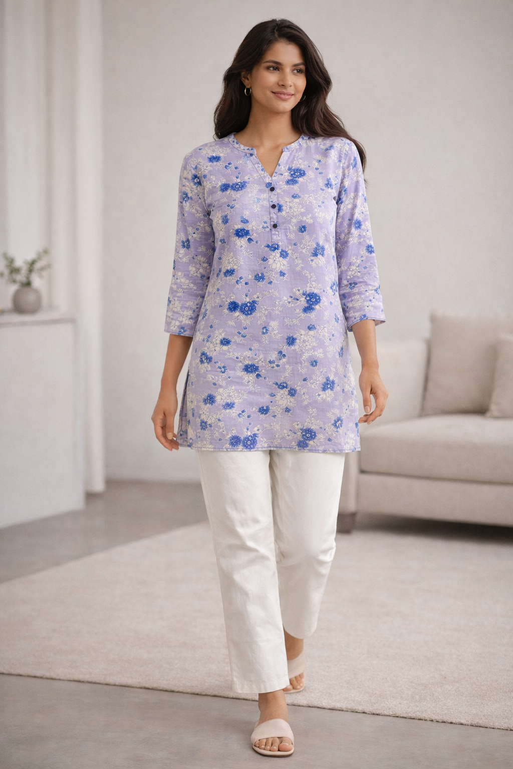 Lavender Floral Print Women’s Kurti - 26002