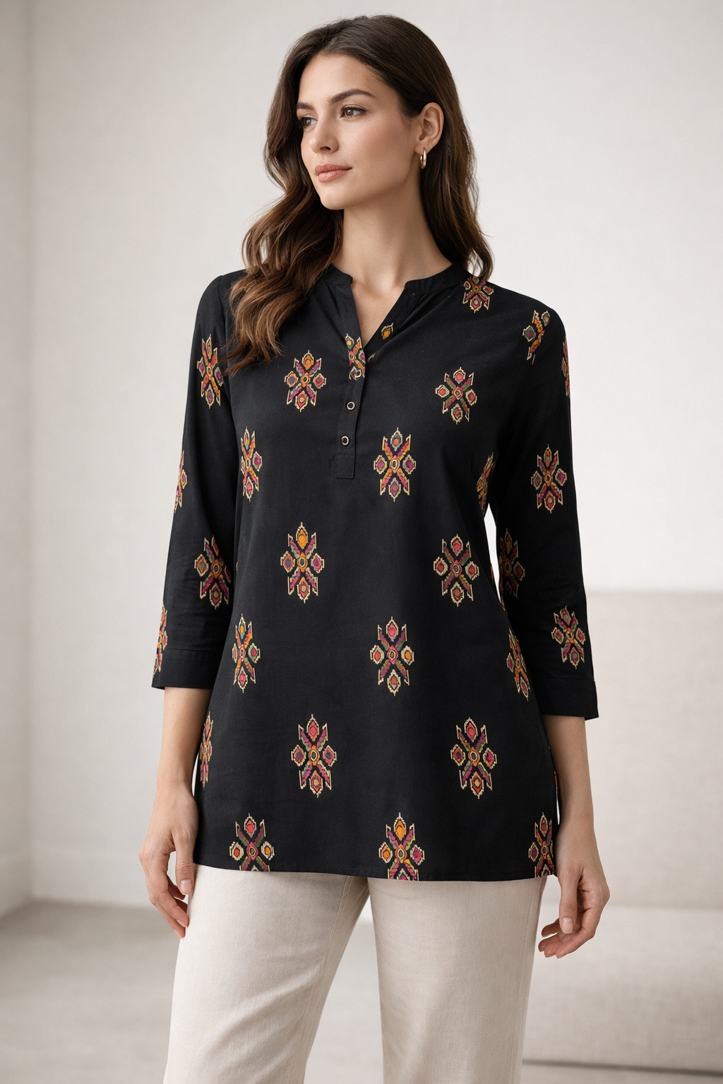 Women’s Black Rayon Kurti with Multi-Color Geometric Ikat-Inspired Prints - 26529