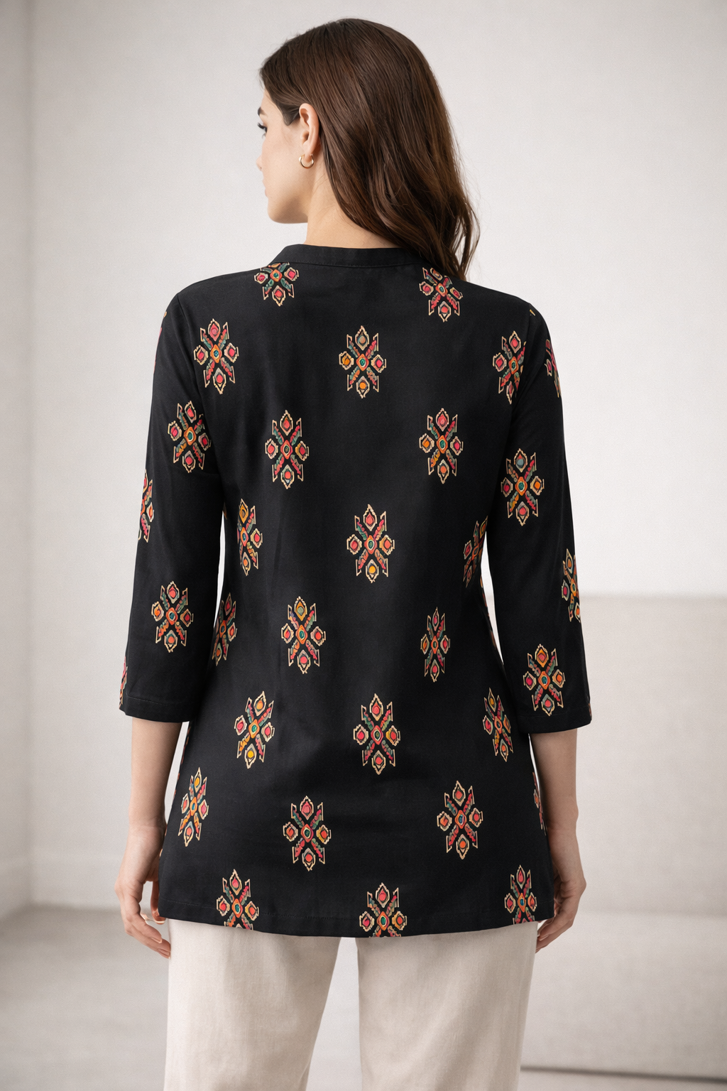 Women’s Black Rayon Kurti with Multi-Color Geometric Ikat-Inspired Prints - 26529