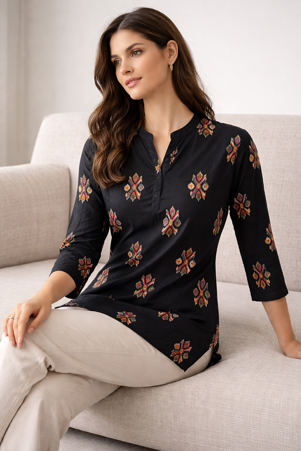 Women’s Black Rayon Kurti with Multi-Color Geometric Ikat-Inspired Prints - 26529