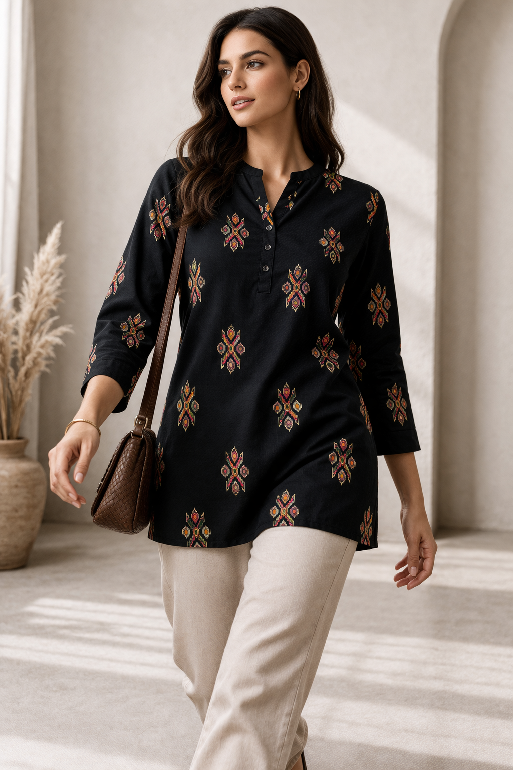 Women’s Black Rayon Kurti with Multi-Color Geometric Ikat-Inspired Prints - 26529
