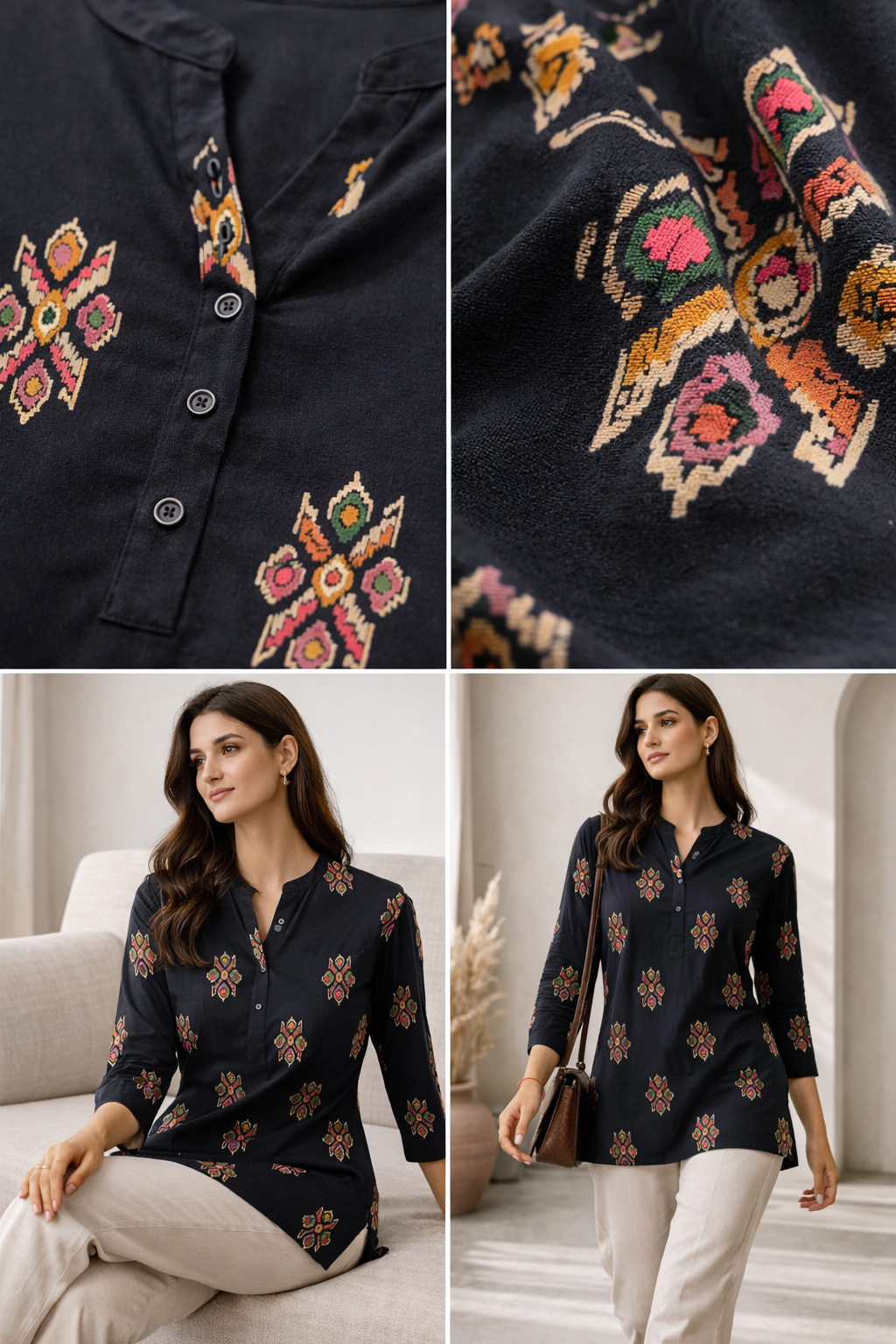 Women’s Black Rayon Kurti with Multi-Color Geometric Ikat-Inspired Prints - 26529