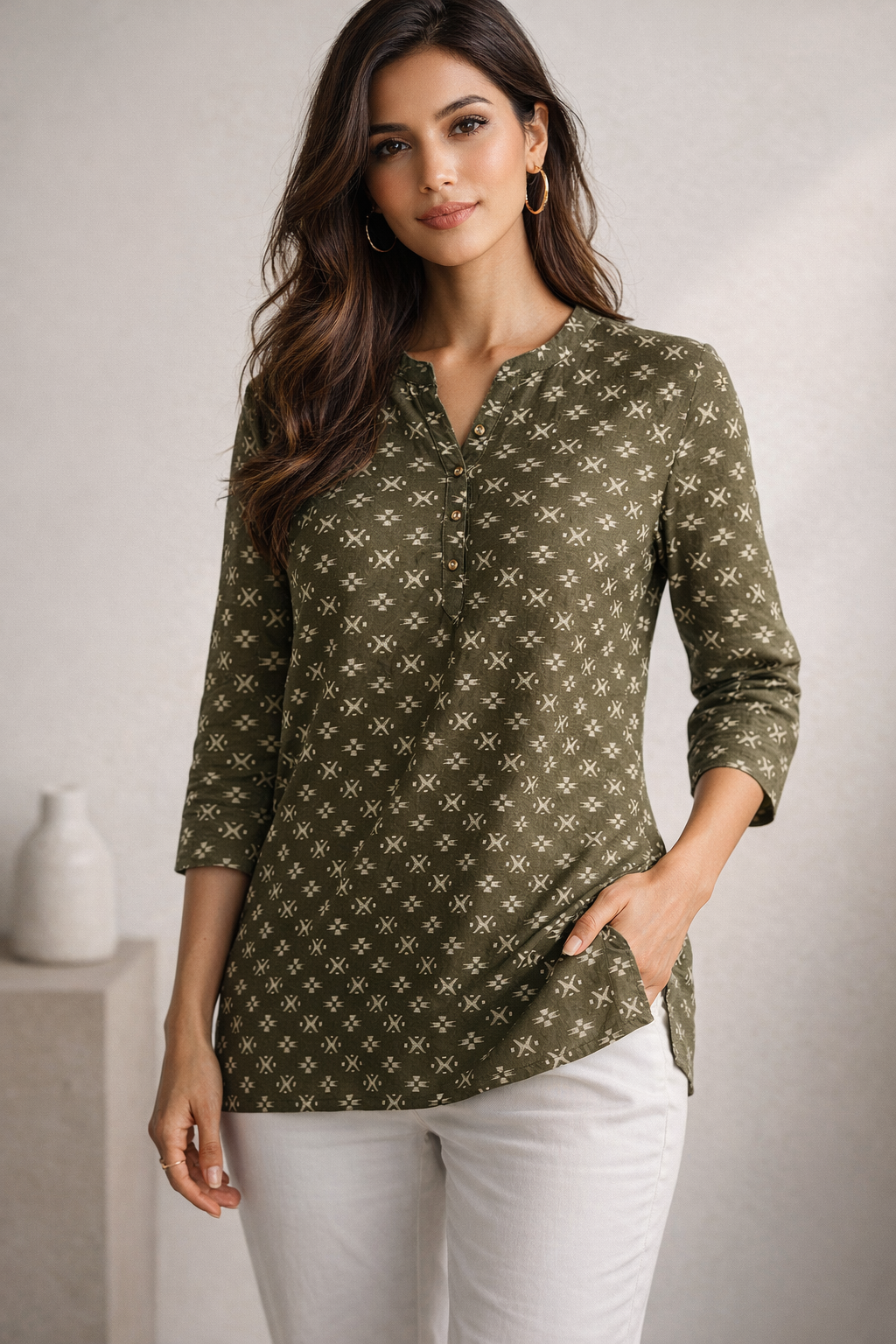 Women’s Olive Green Kurti with Allover Geometric Ethnic Print - 26541