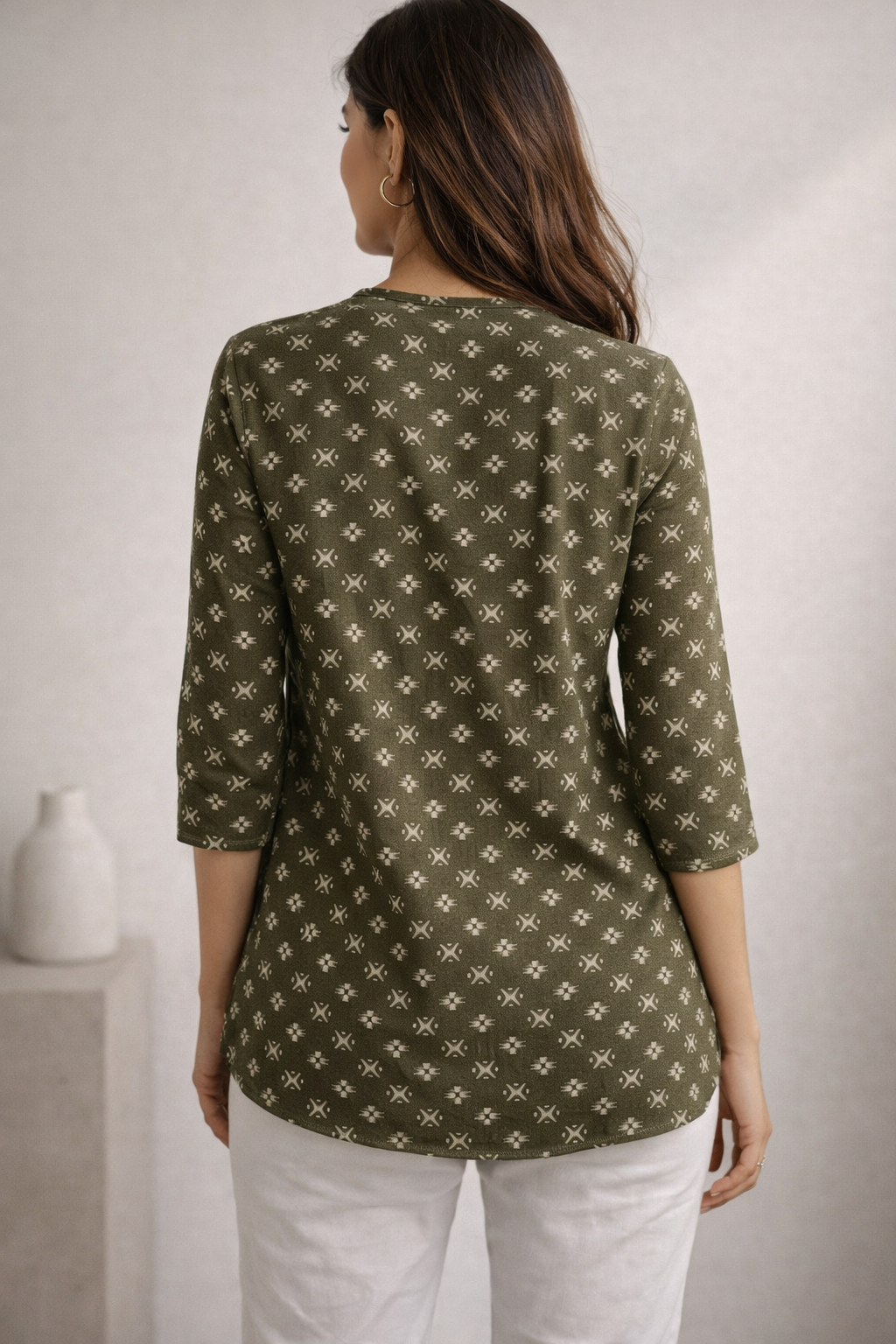 Women’s Olive Green Kurti with Allover Geometric Ethnic Print - 26541