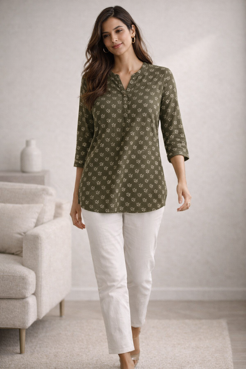 Women’s Olive Green Kurti with Allover Geometric Ethnic Print - 26541