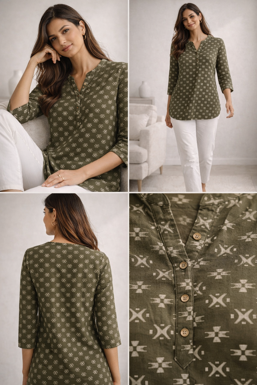 Women’s Olive Green Kurti with Allover Geometric Ethnic Print - 26541