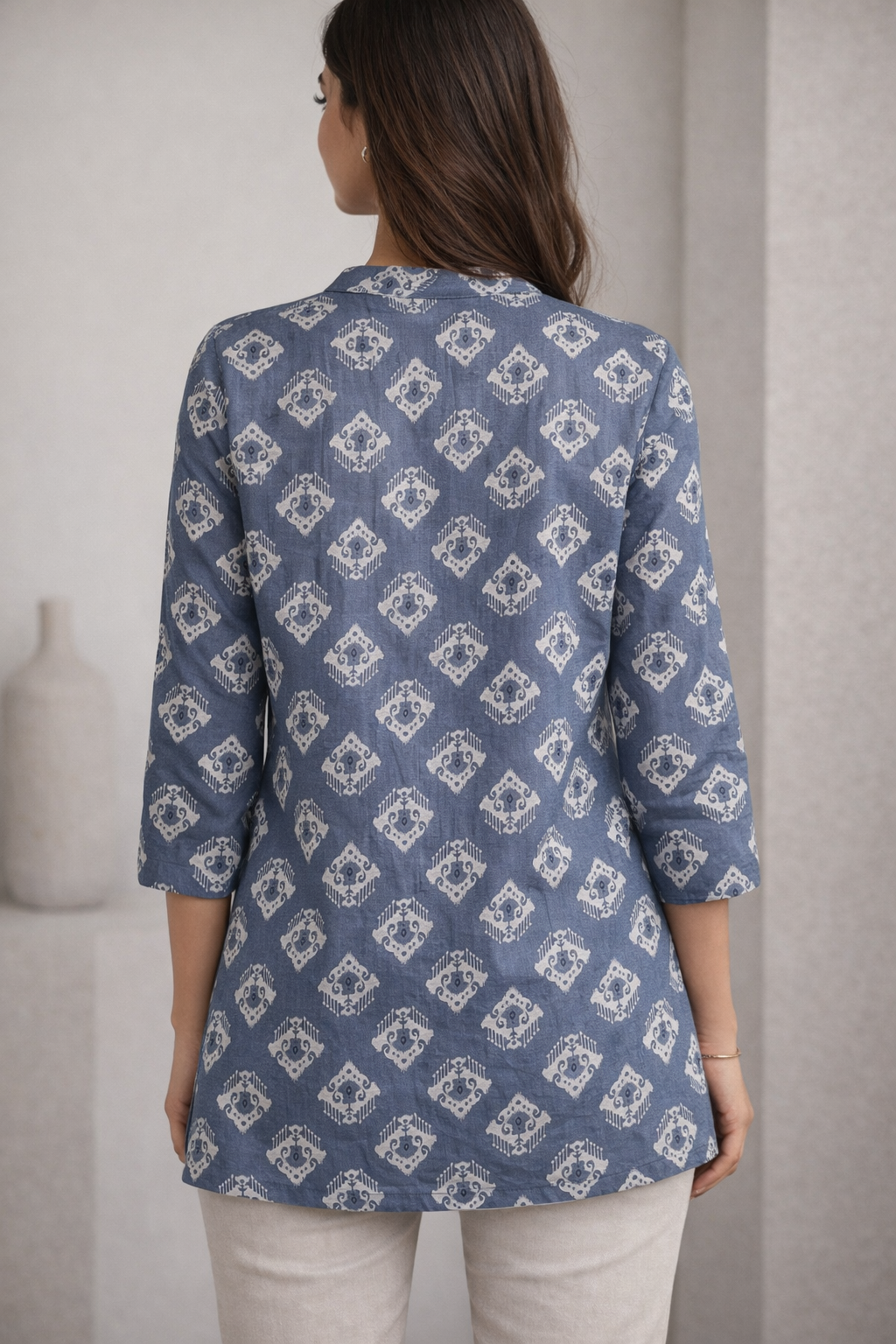 Women's Slate Blue & White Ikat Print Straight Kurti - 26554