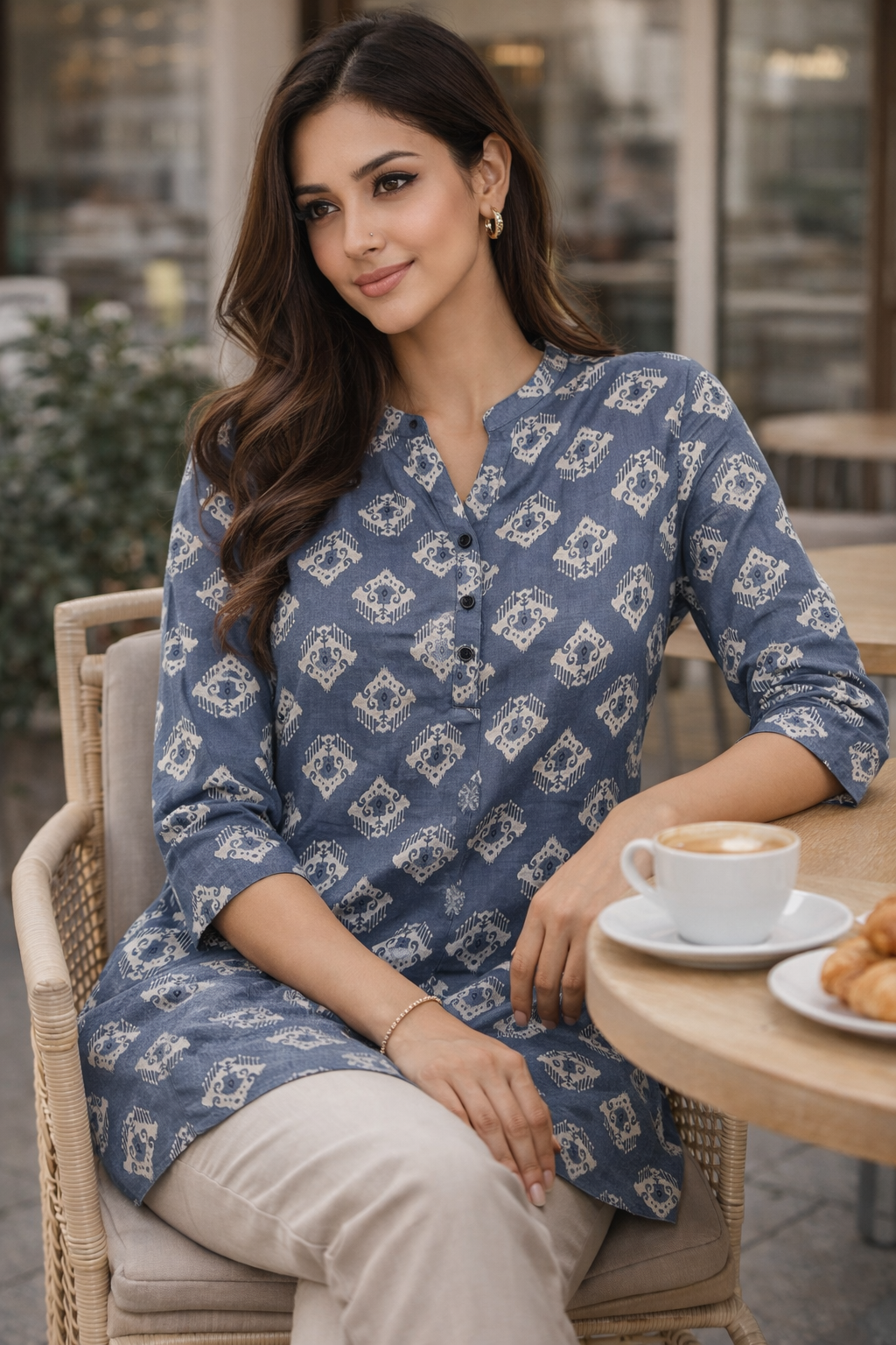 Women's Slate Blue & White Ikat Print Straight Kurti - 26554