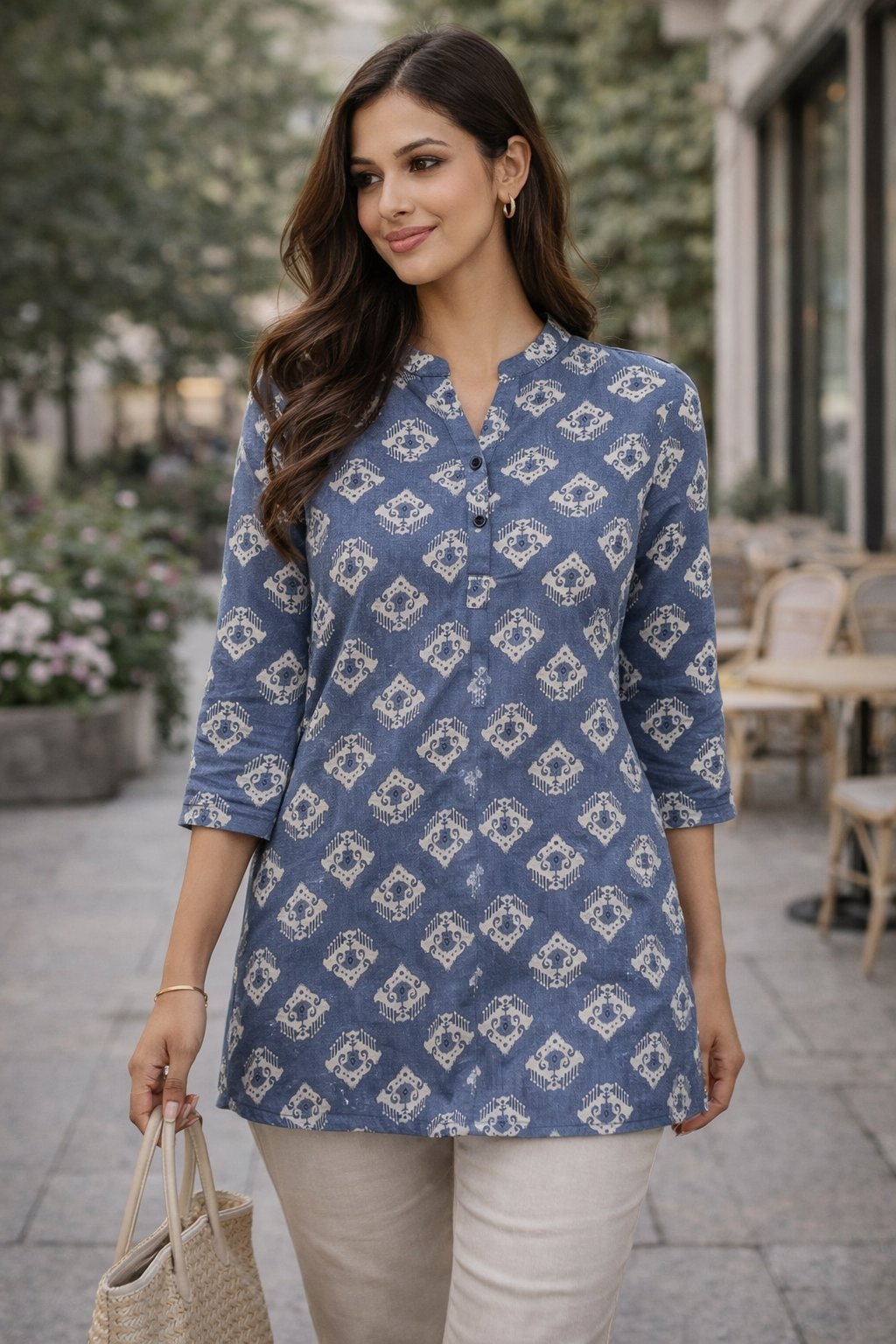 Women's Slate Blue & White Ikat Print Straight Kurti - 26554