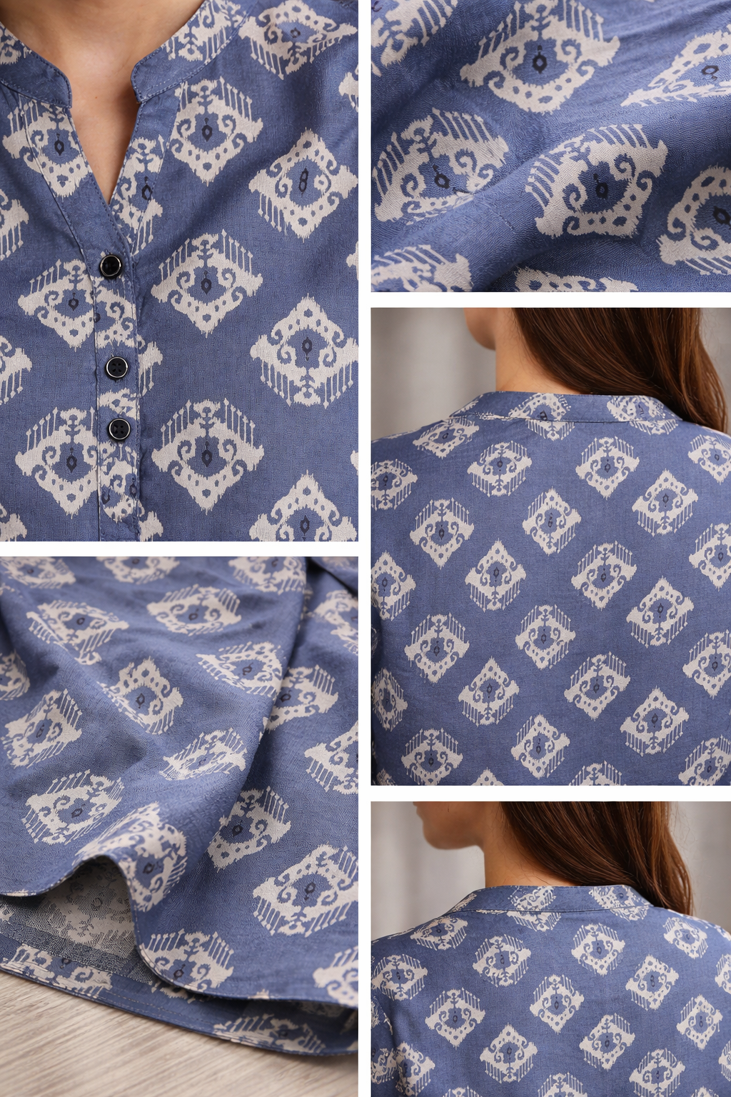 Women's Slate Blue & White Ikat Print Straight Kurti - 26554