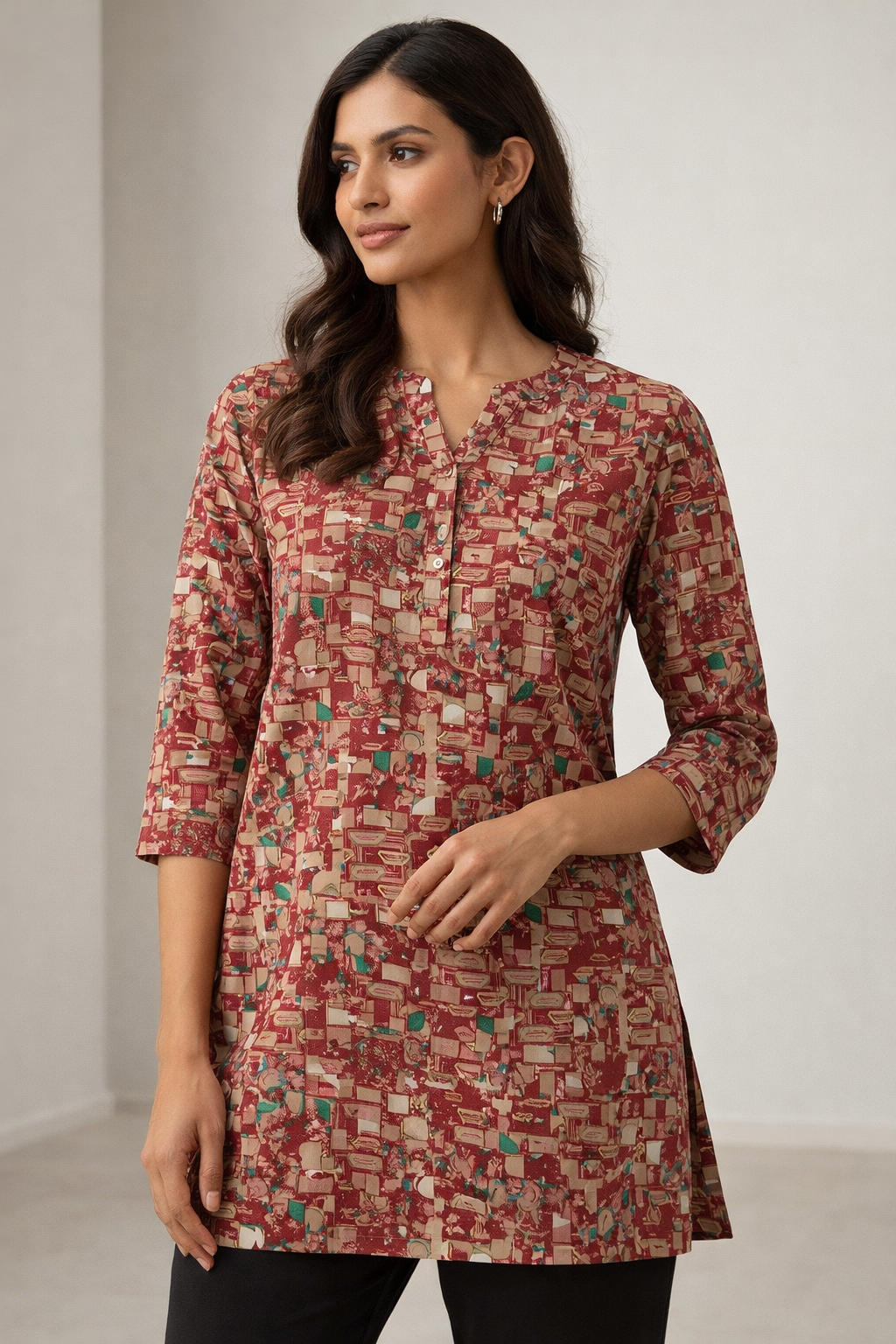 Women’s Maroon Abstract Geometric Print - 26526