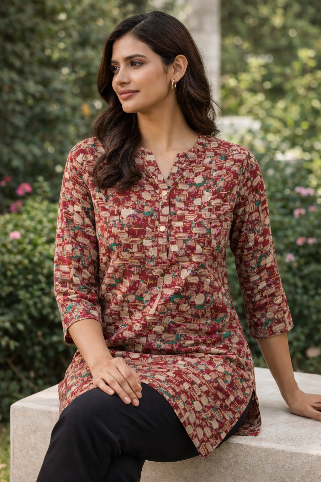 Women’s Maroon Abstract Geometric Print - 26526