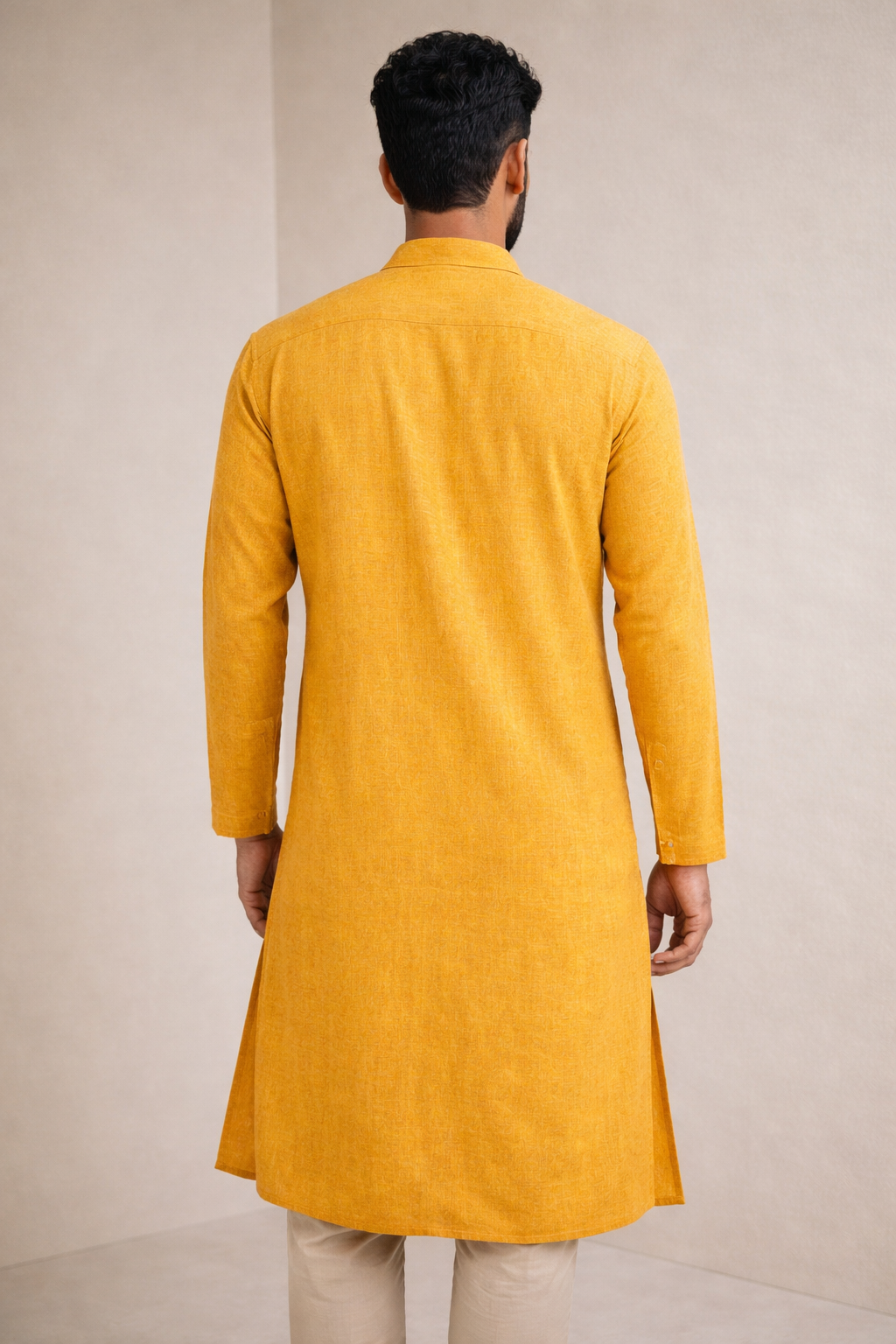 Men’s Mustard Yellow Slub Cotton linen Short Kurta Pajama - 23009-B