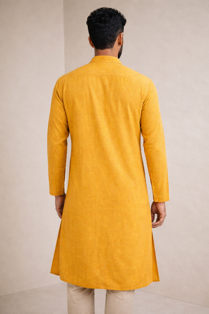 Men’s Mustard Yellow Slub Cotton linen Short Kurta Pajama - 23009-B