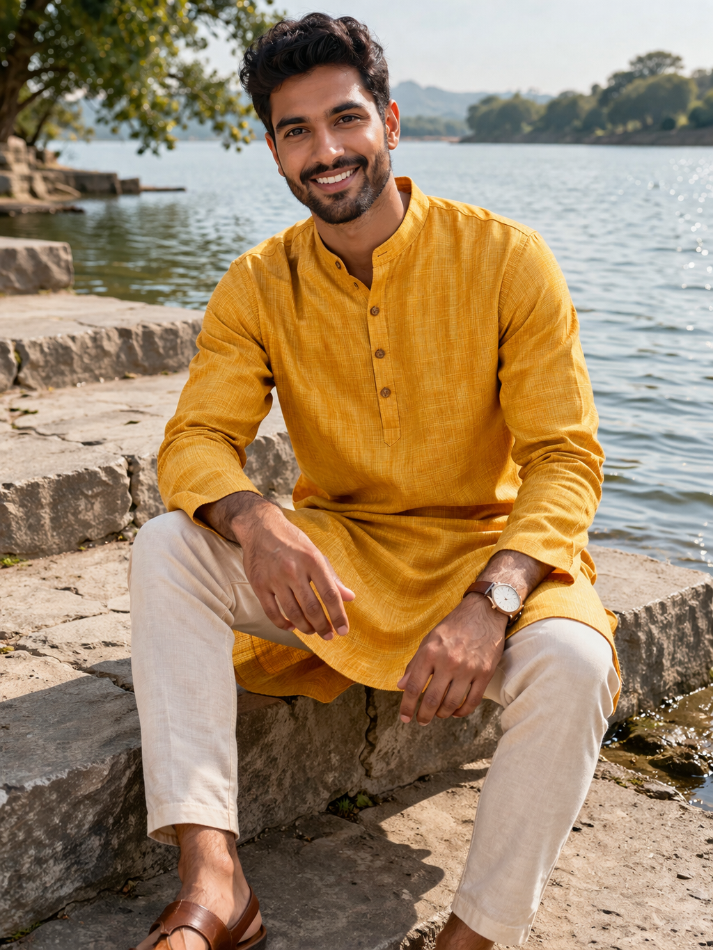 Men’s Mustard Yellow Slub Cotton linen Short Kurta Pajama - 23009-B