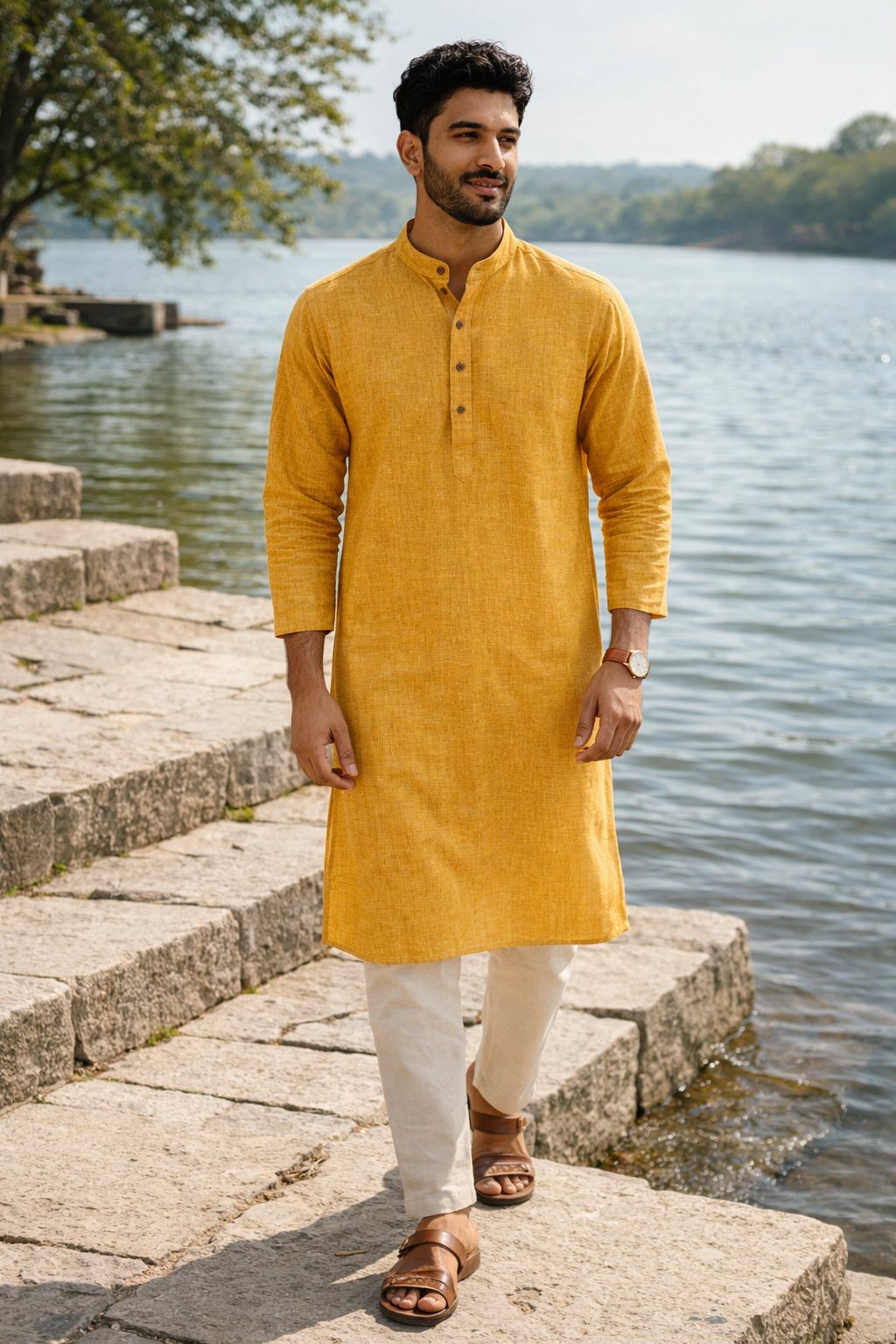 Men’s Mustard Yellow Slub Cotton linen Short Kurta Pajama - 23009-B