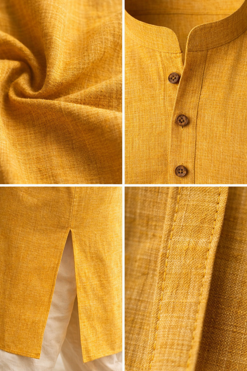 Men’s Mustard Yellow Slub Cotton linen Short Kurta Pajama - 23009-B