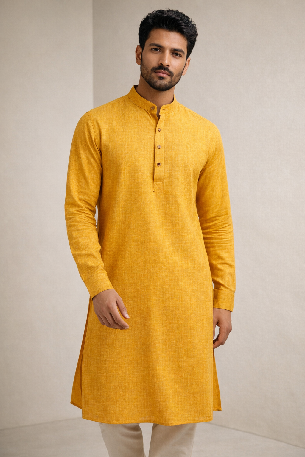 Men’s Mustard Yellow Slub Cotton linen Short Kurta Pajama - 23009-B