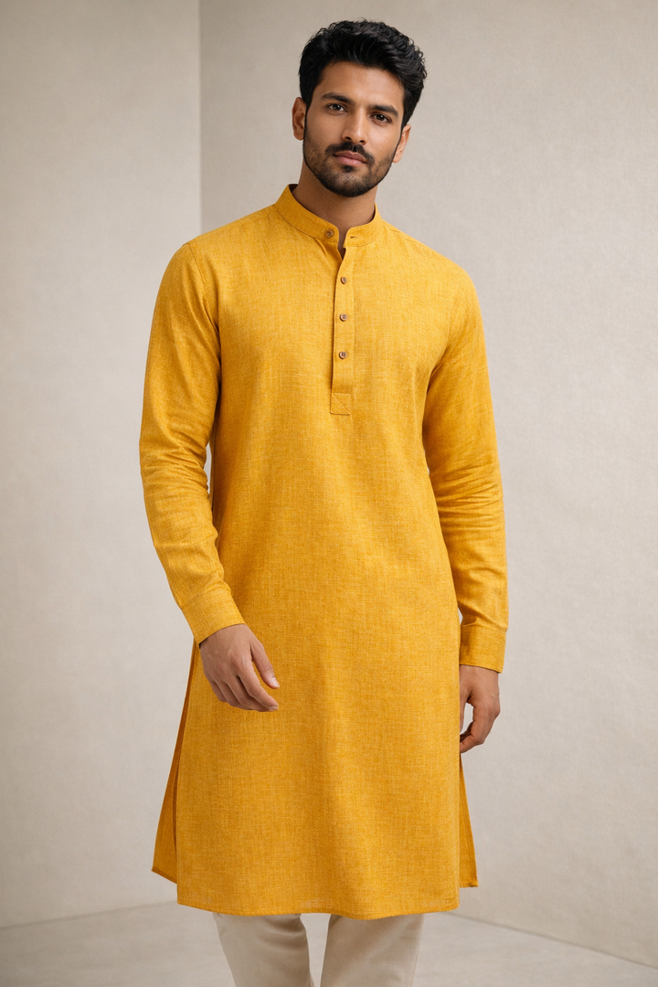 Men’s Mustard Yellow Slub Cotton linen Short Kurta Pajama - 23009-B
