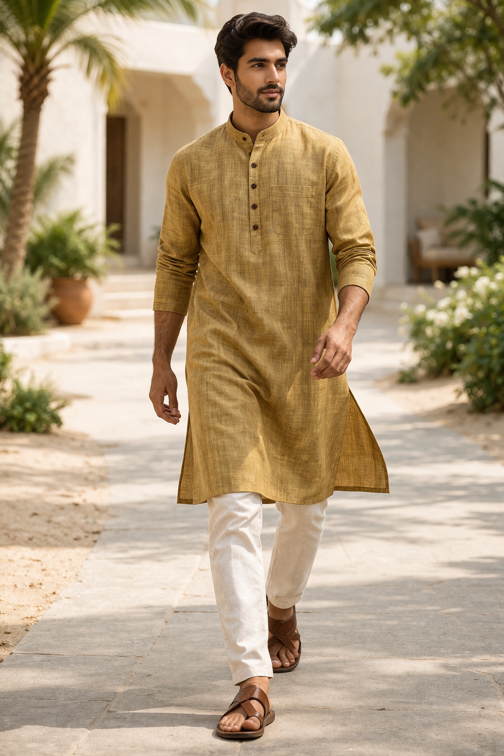 Men’s Mustard Ochre Slub Cotton LINEN Kurta Pajama - 23004