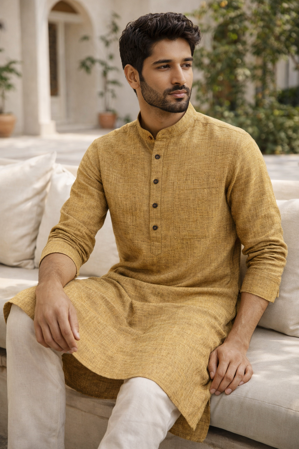Men’s Mustard Ochre Slub Cotton LINEN Kurta Pajama - 23004