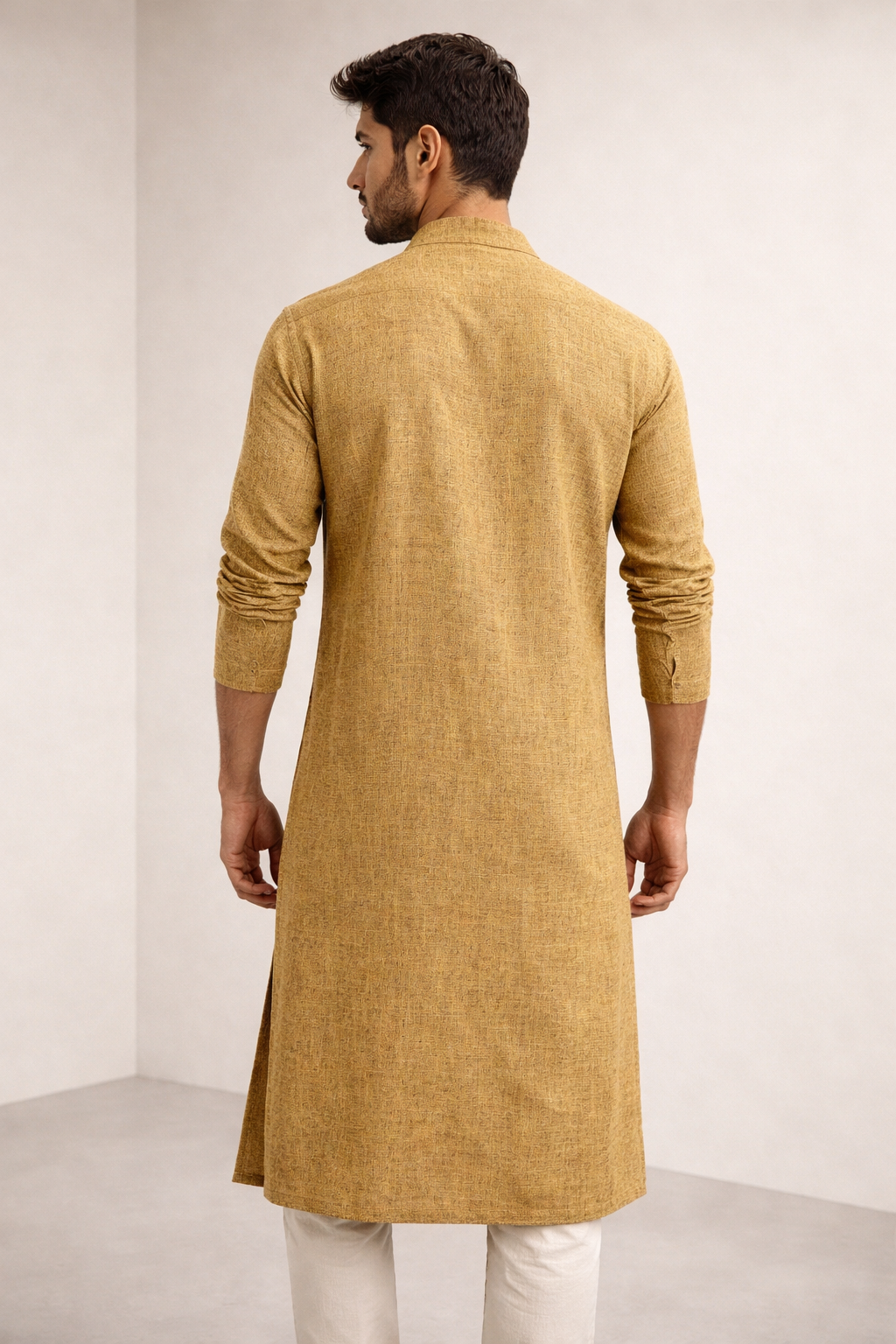 Men’s Mustard Ochre Slub Cotton LINEN Kurta Pajama - 23004