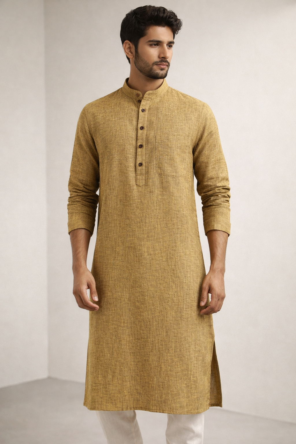 Men’s Mustard Ochre Slub Cotton LINEN Kurta Pajama - 23004
