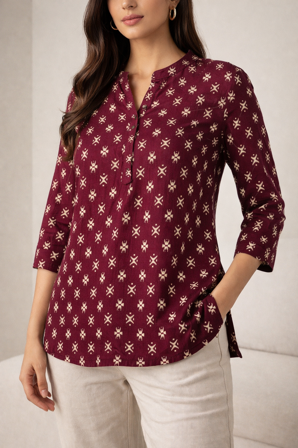 Women’s Maroon Geometric Print Kurti - 26534
