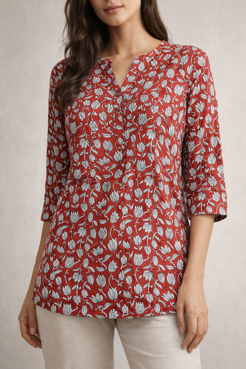 Rust Red Floral Print Women’s Kurti - 26007